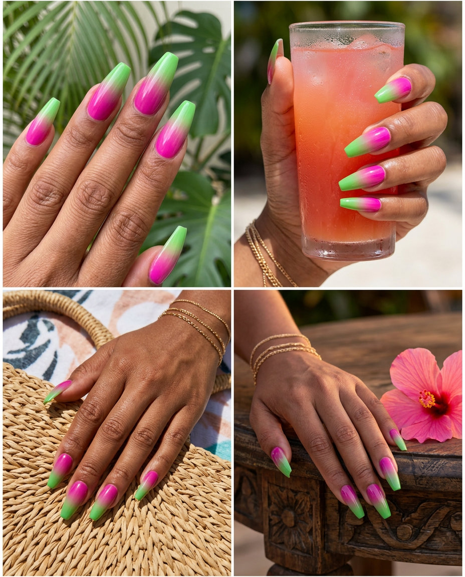 Edgy fuchsia & lime tropical fusion gradient nail art for festivals and statement looks in 2026.
