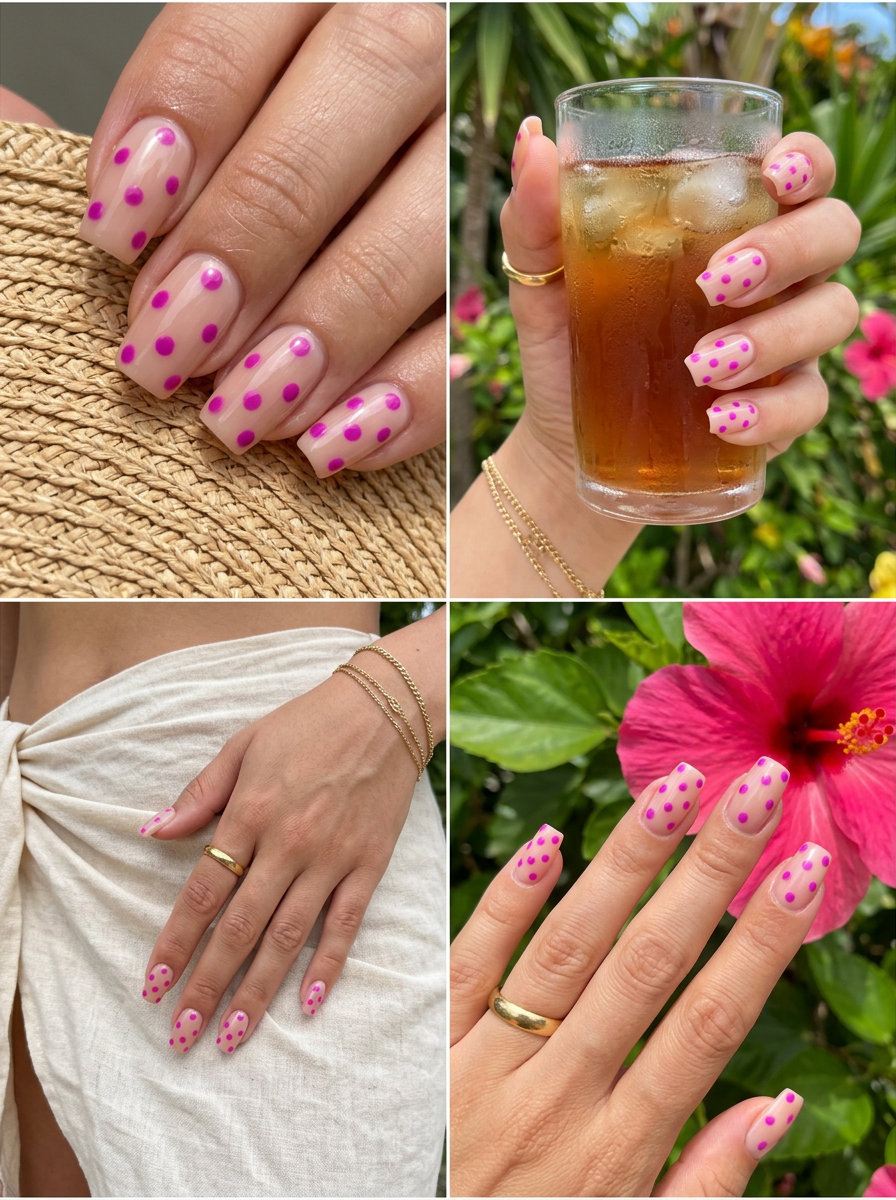 Modern fuchsia and nude scattered dot nails for brunch 2026. Chic medium square gel polish.