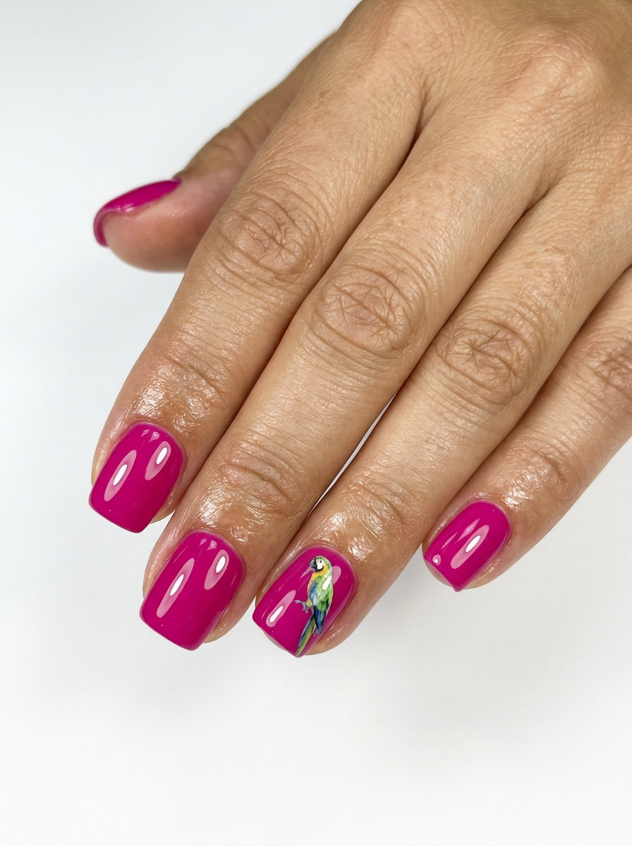 Exotic fuchsia parrot accent nails for parties 2026. Bold short square gel polish with decals.