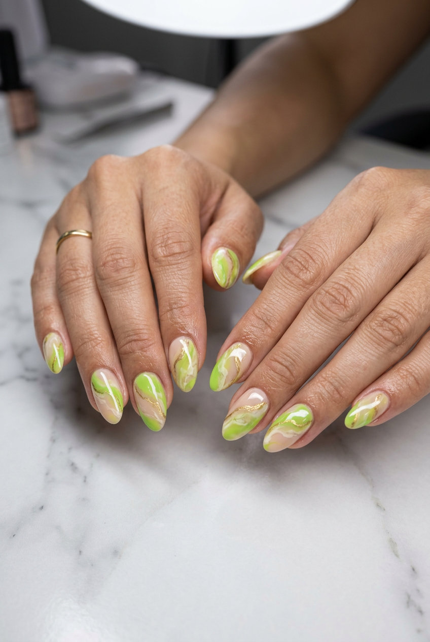Lime Green & Nude Marble Almond nails with sophisticated swirls and gold veining. Tropical nail designs 2026.