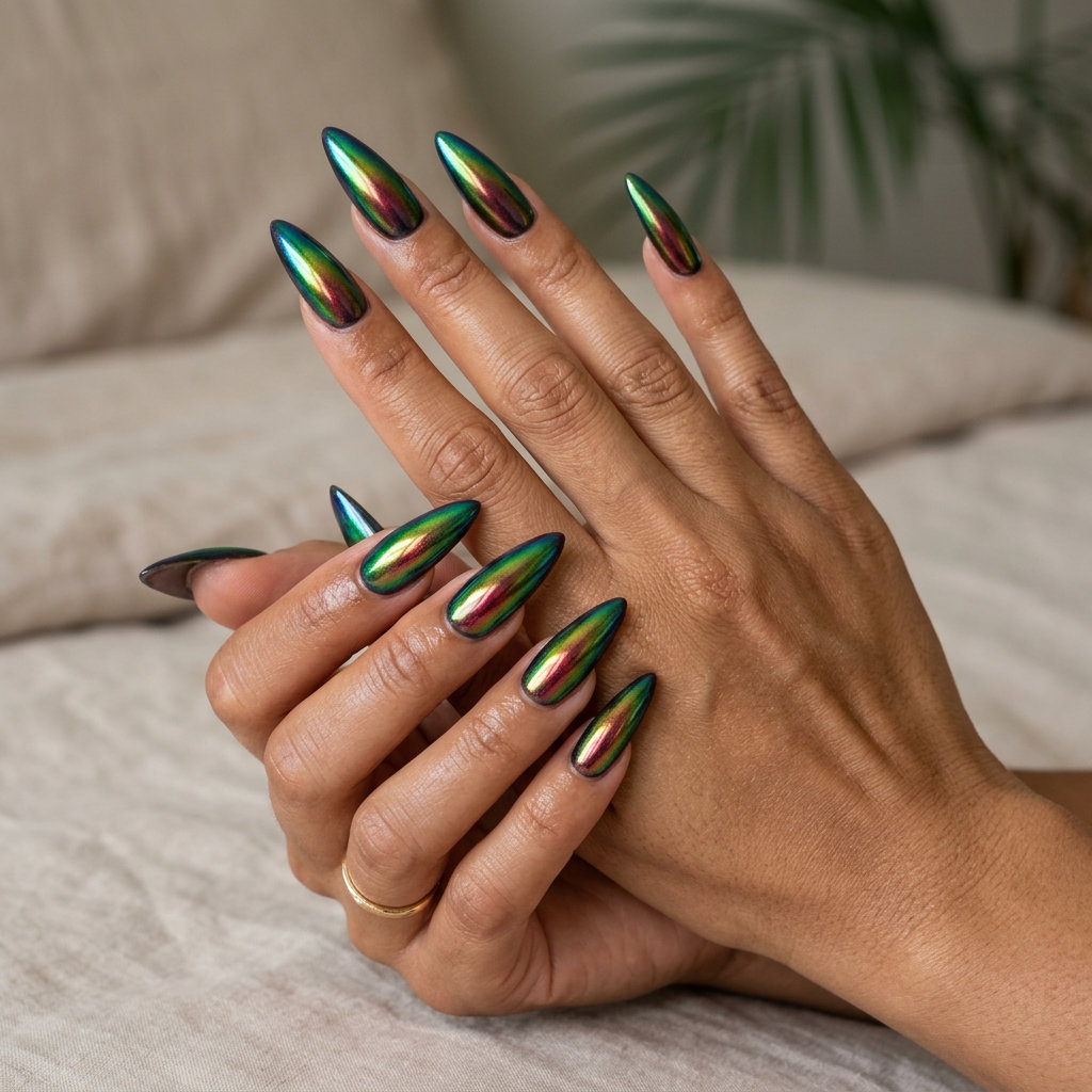 Parrot Feather Chrome Stiletto nails with iridescent shifts of emerald, sapphire, ruby, and gold. Tropical nail designs 2026.