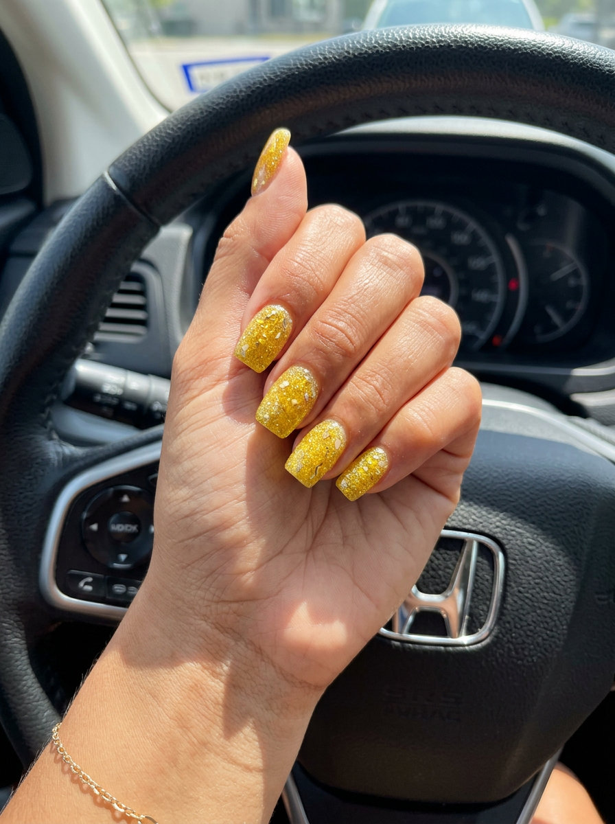 Playful pineapple chunk glitter nails for summer 2026. Bright square gel polish with textured finish.