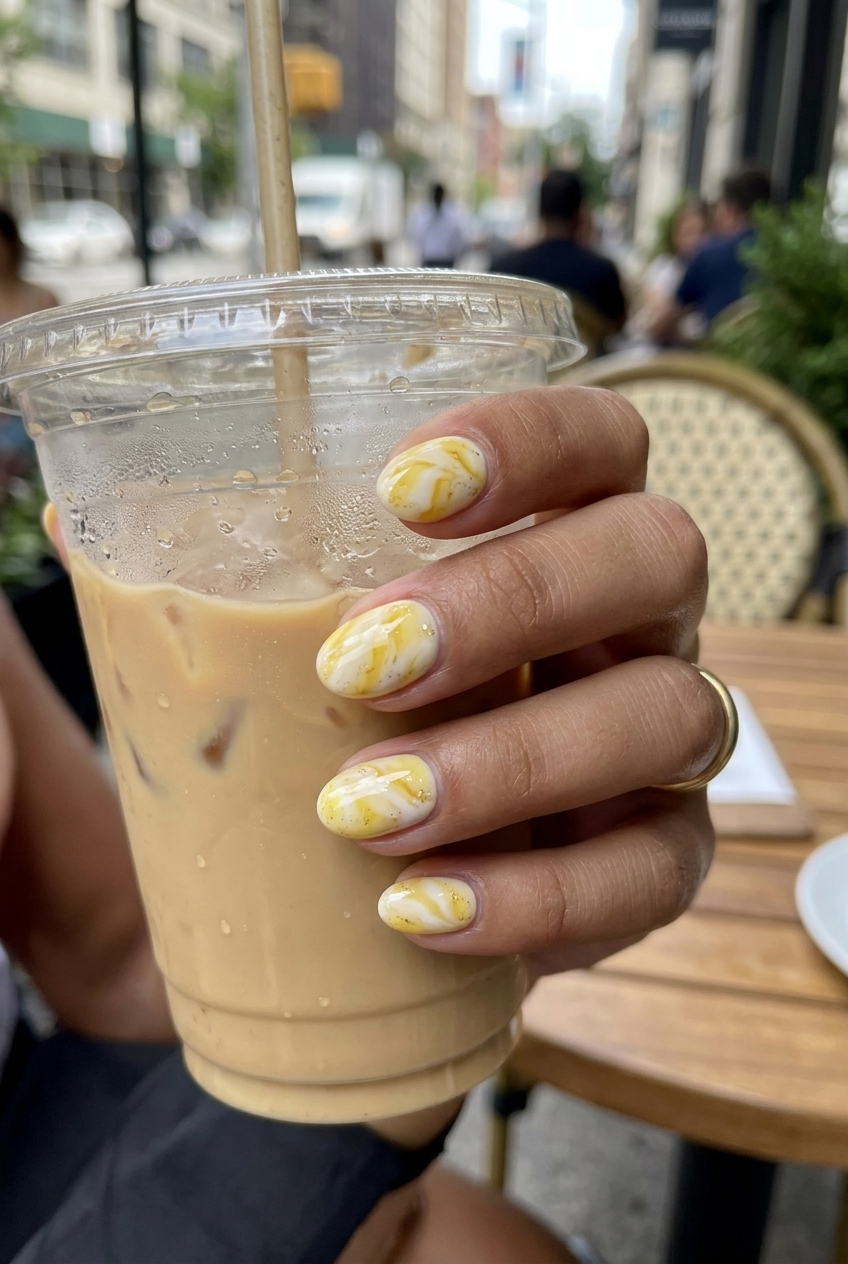 Whimsical pineapple slice marble oval nail art, great for summer parties and casual outings in 2026.