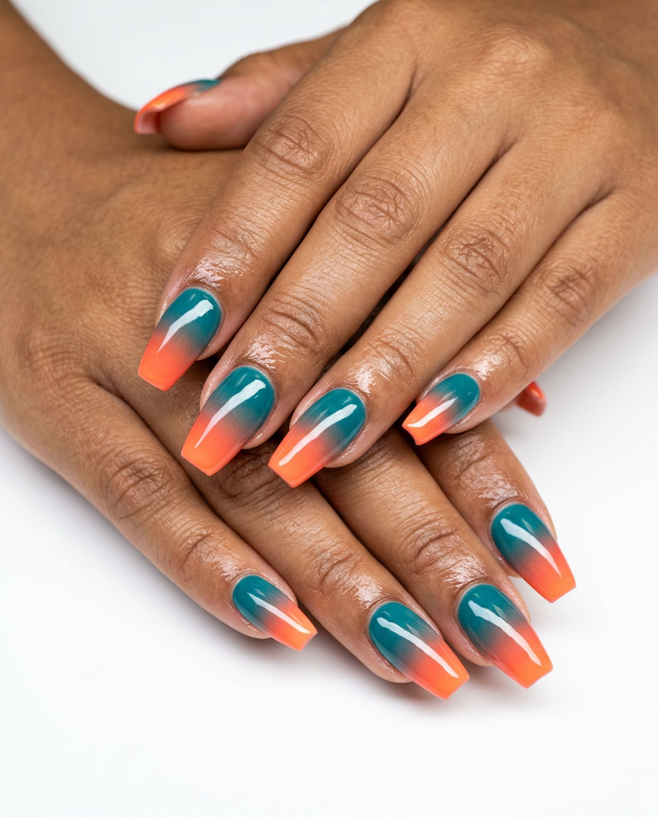Romantic teal & coral sunset ombre coffin nail art for date nights and tropical parties in 2026.
