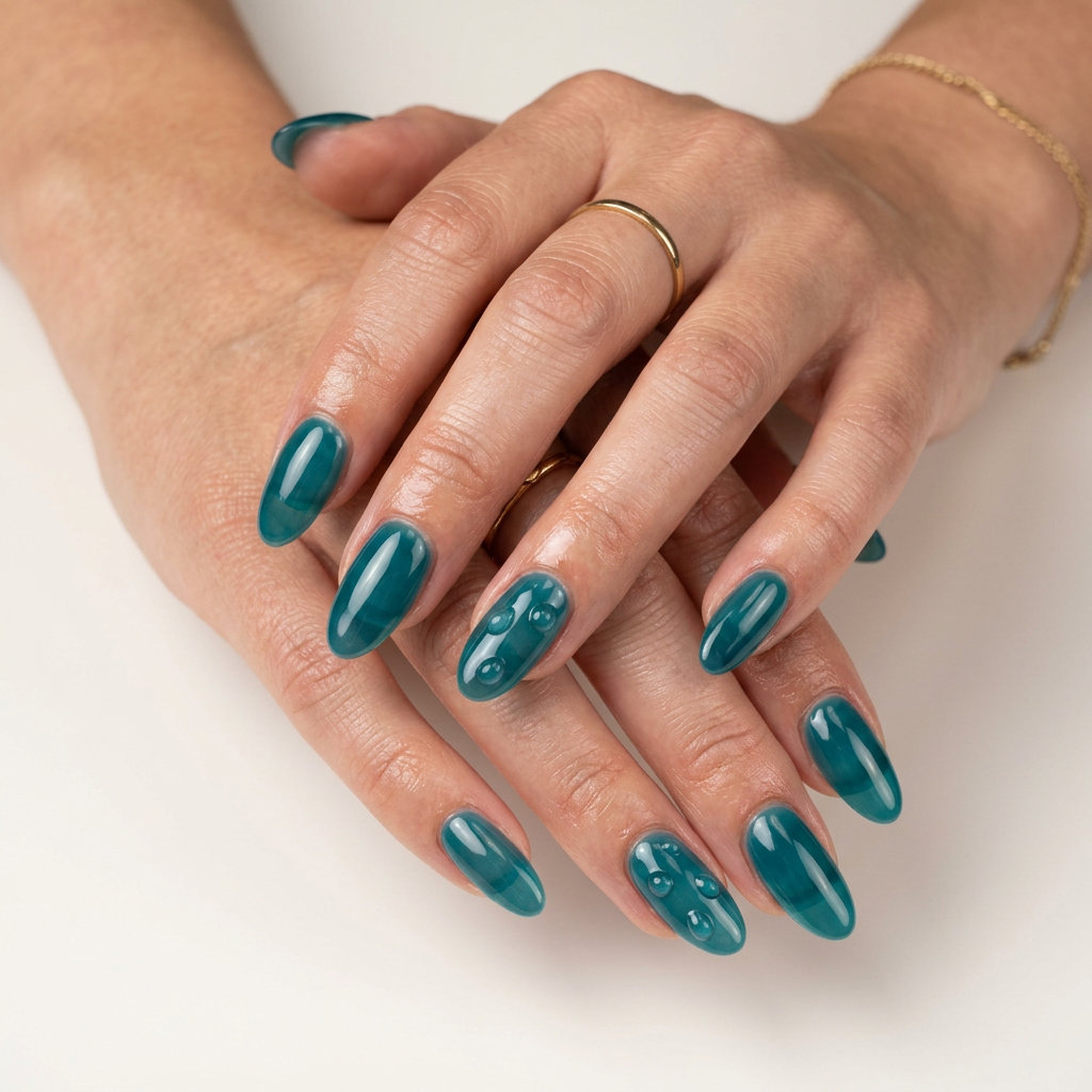 Teal Jelly Water Droplets oval nails with a sheer deep teal finish and clear accents. Tropical nail designs 2026.