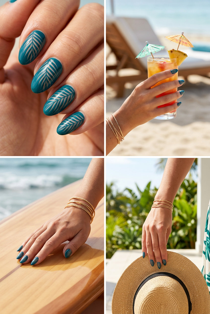 Sophisticated teal palm frond negative space nail art, perfect for daily wear and smart casual occasions in 2026.