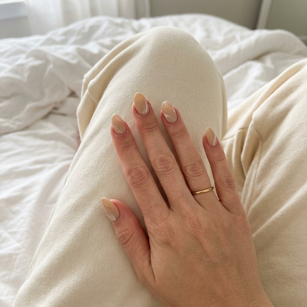 Beachy Beige Marble Almond Swirls for tropical summer 2026 casual outfits. Relaxed bohemian vibe.