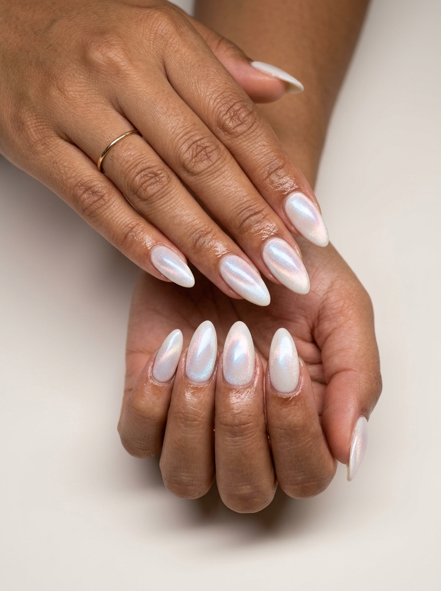 Sophisticated coconut white cat-eye almond nails for formal events and summer evenings in 2026.