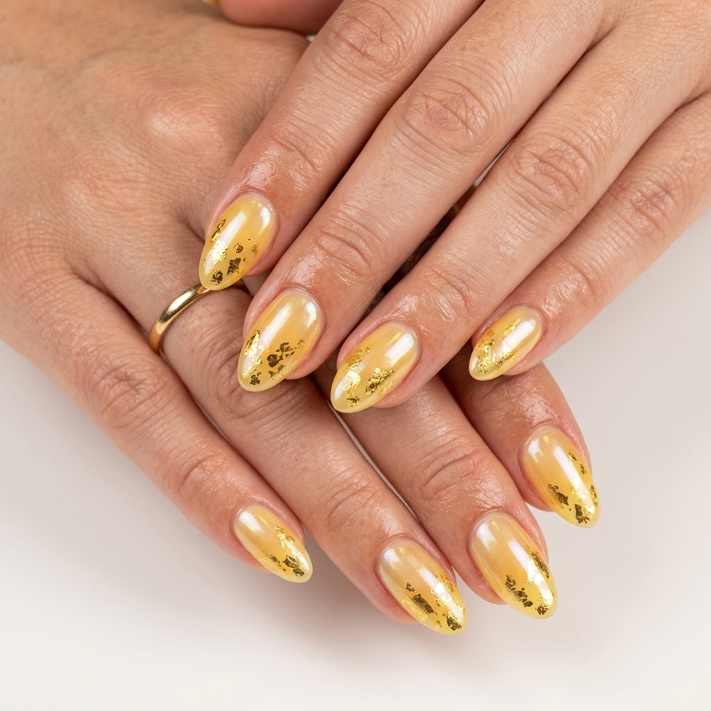Glamorous golden pineapple foil flakes almond nails for vacation and summer parties in 2026.