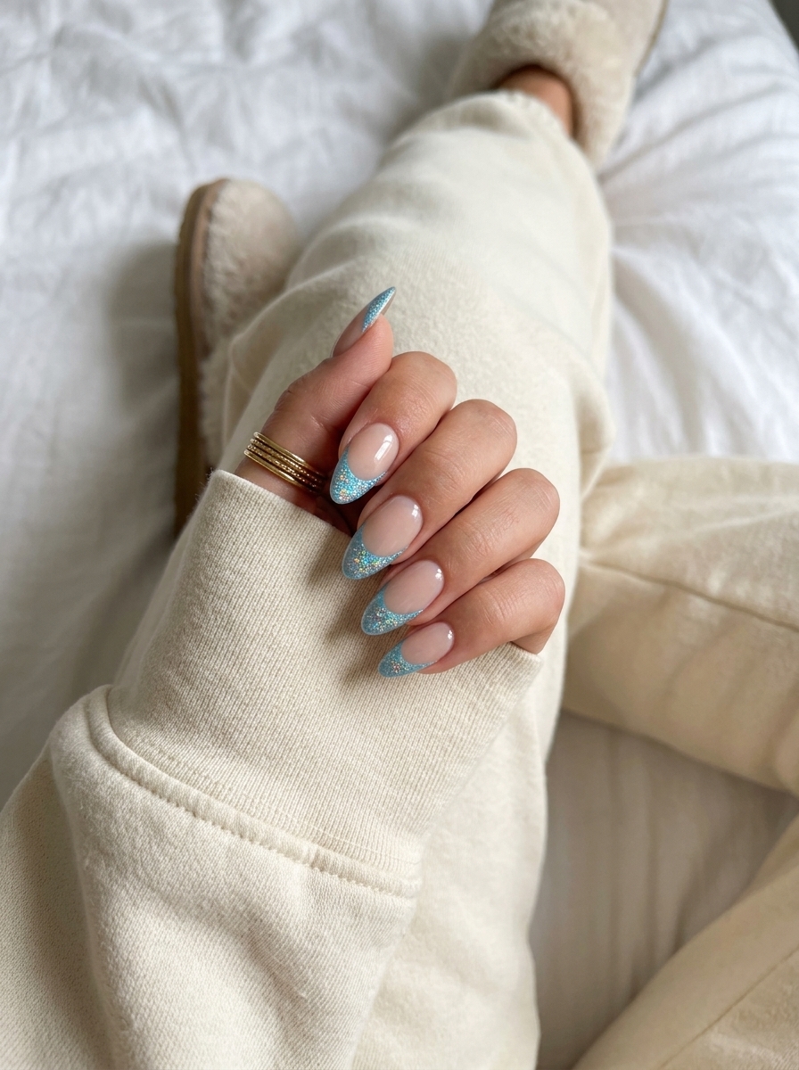 Holographic sky blue French tip almond nails on a sheer nude base. Tropical summer nails almond 2026.