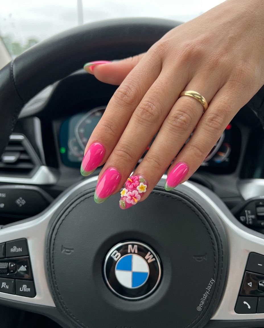 Vibrant hot pink almond nails with 3D floral charms for tropical parties and vacation fun in 2026.