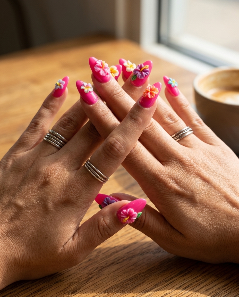Bold hot pink almond nails with 3D floral charms for festivals and summer parties in 2026.
