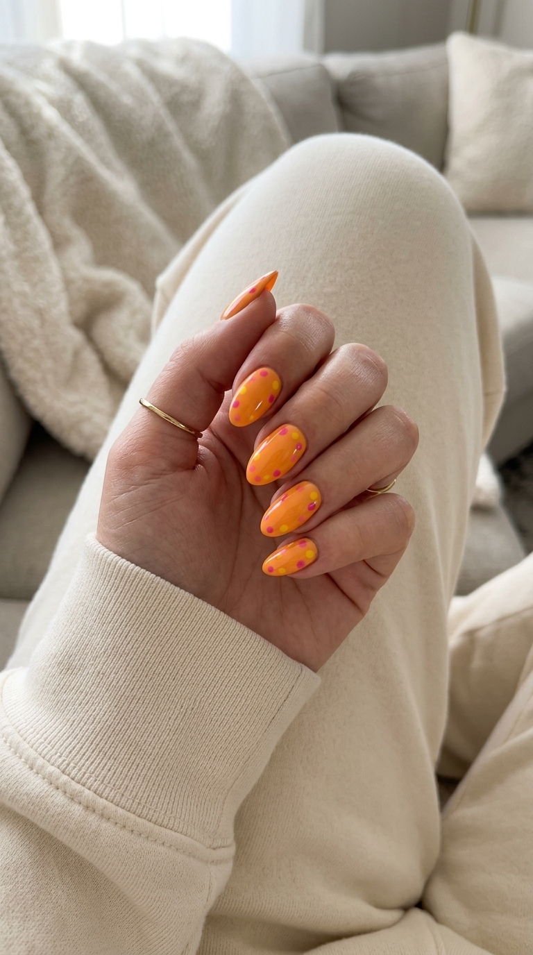 Mango orange almond nails with hot pink and yellow polka dots. Tropical summer nails almond 2026.