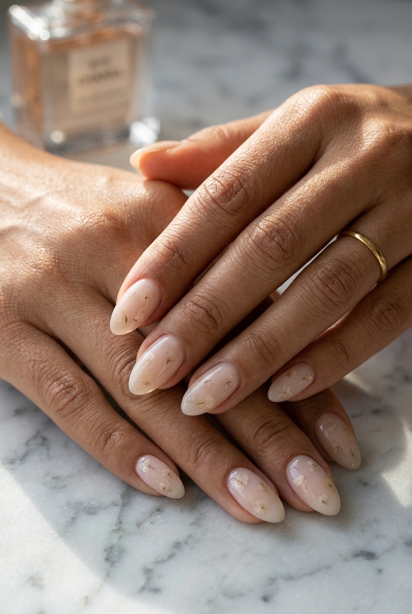 Milky nude 'milk bath' almond nails with sheer floral accents. Tropical summer nails almond 2026.