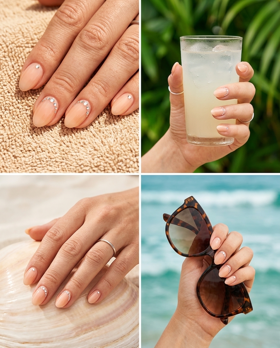 Sheer peach almond nails with clear rhinestones on the ring finger. Tropical summer nails almond 2026.