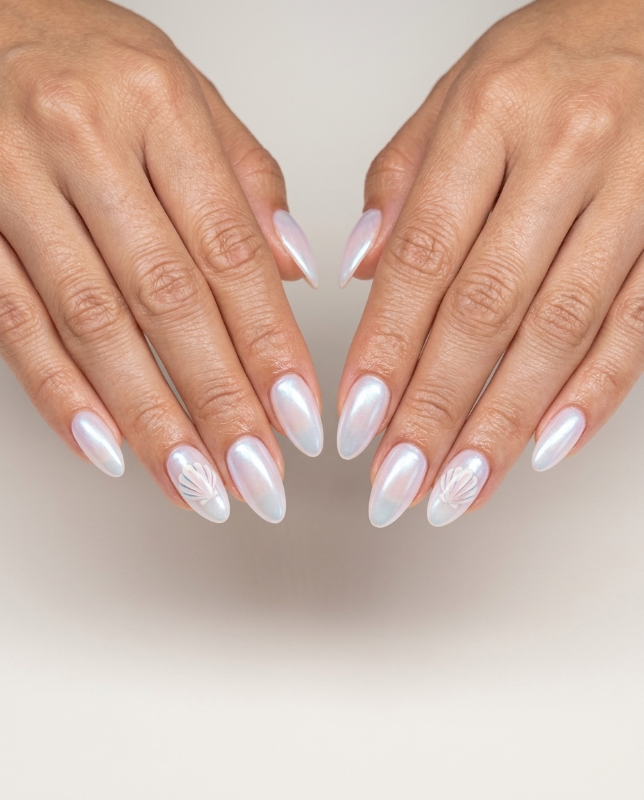 Pearlescent white almond nails with iridescent shifts and shell accents. Tropical summer nails almond 2026.