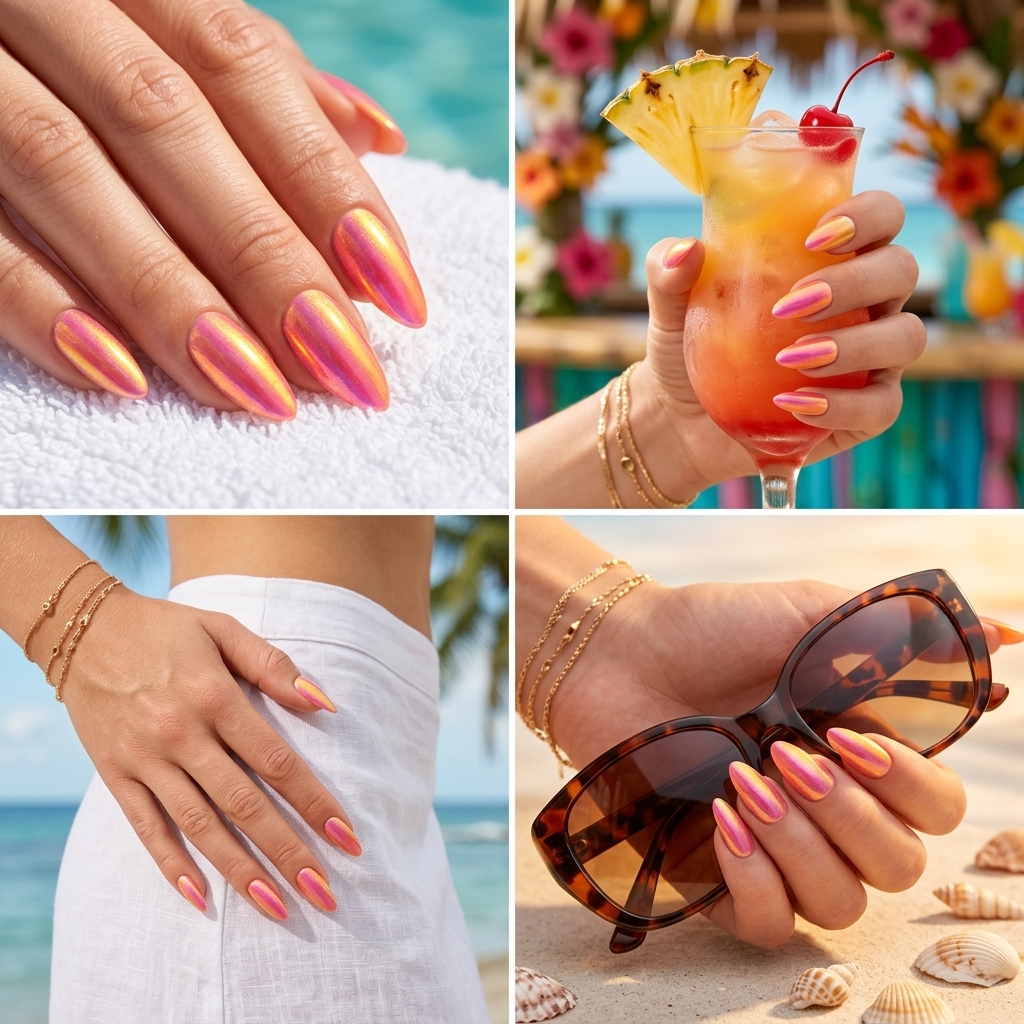 Tropical Punch Chrome Almond nails for tropical summer 2026 party outfits. Glamorous shifting colors.