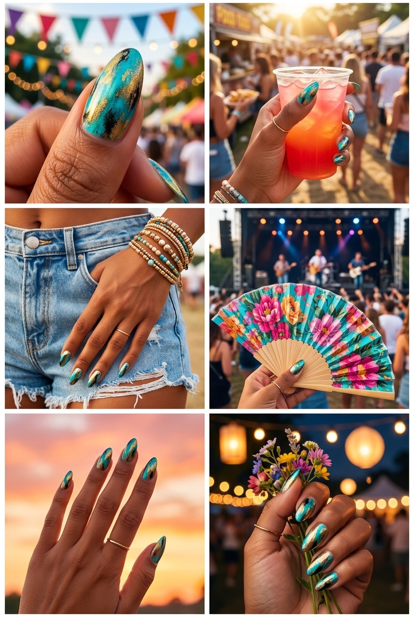 Turquoise & Gold Abstract Blend nails for tropical summer 2026 art event outfits. Bold artistic design.