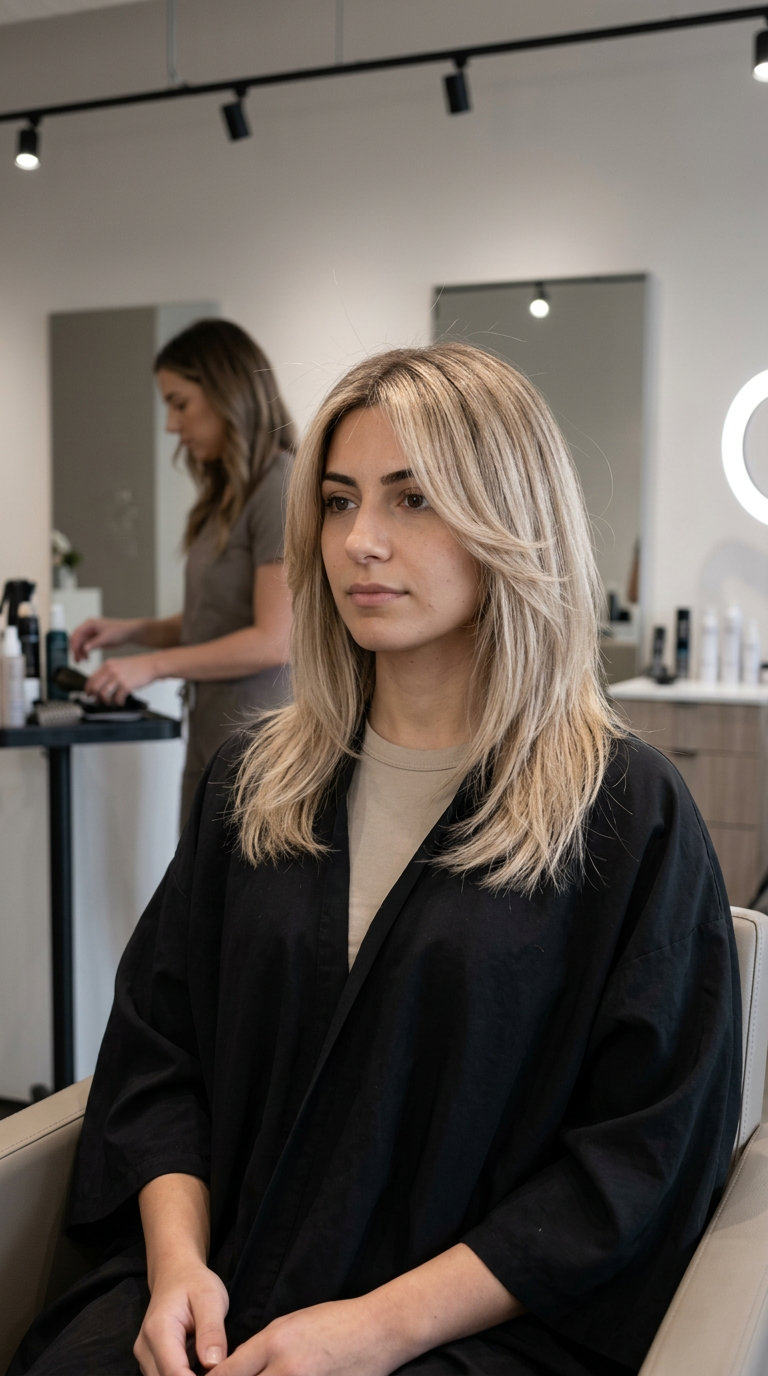 long vanilla bean blonde hair color with root smudge, shag, bohemian mood
