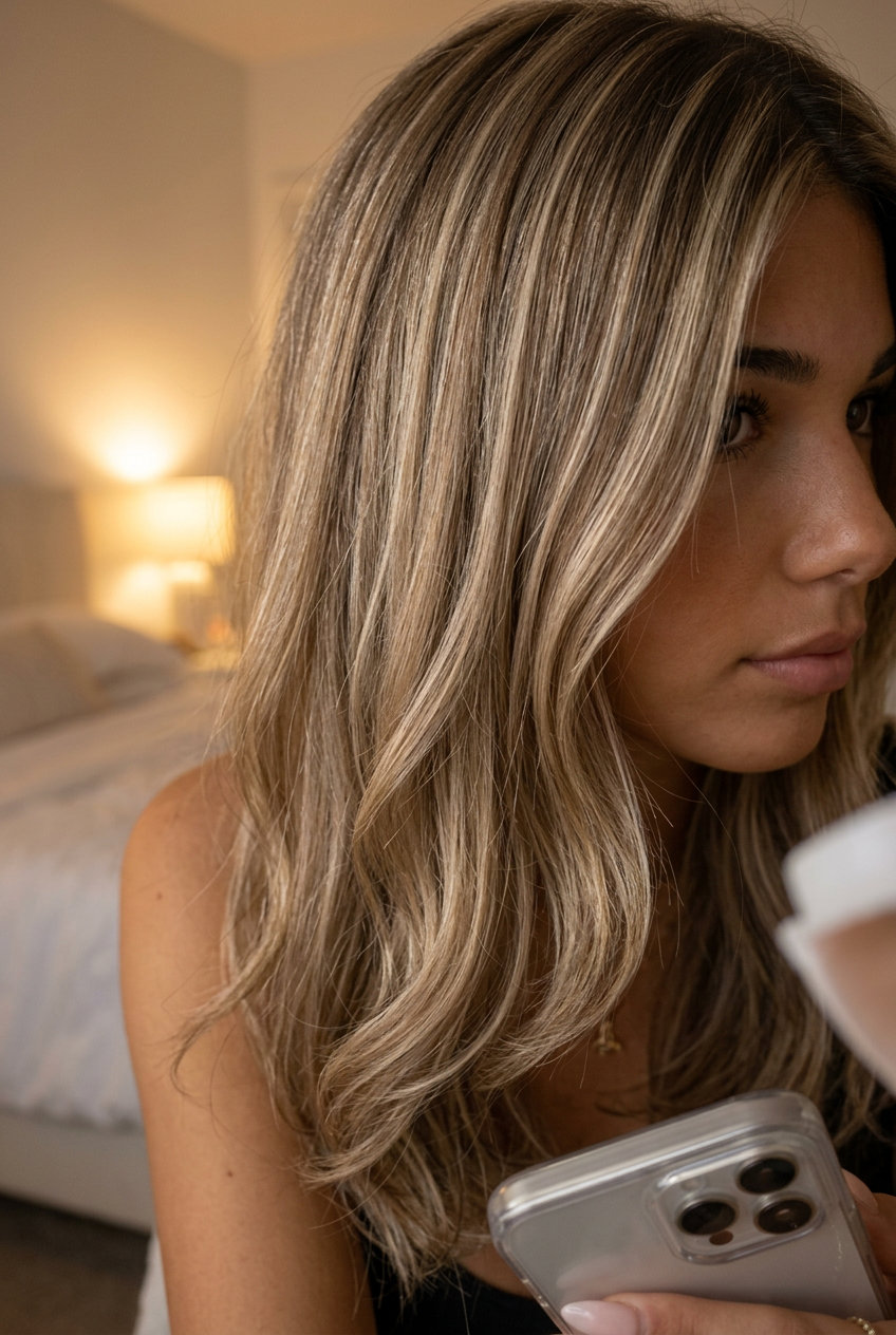 shoulder-length vanilla bean blonde hair with creamy gold and beige lowlights, blended layers for modern minimal