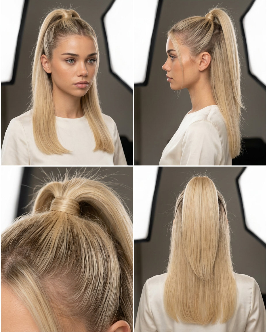 medium-long blunt cut vanilla blonde half up half down with cool-neutral undertones, soft root smudge, no fringe — sleek office wear
