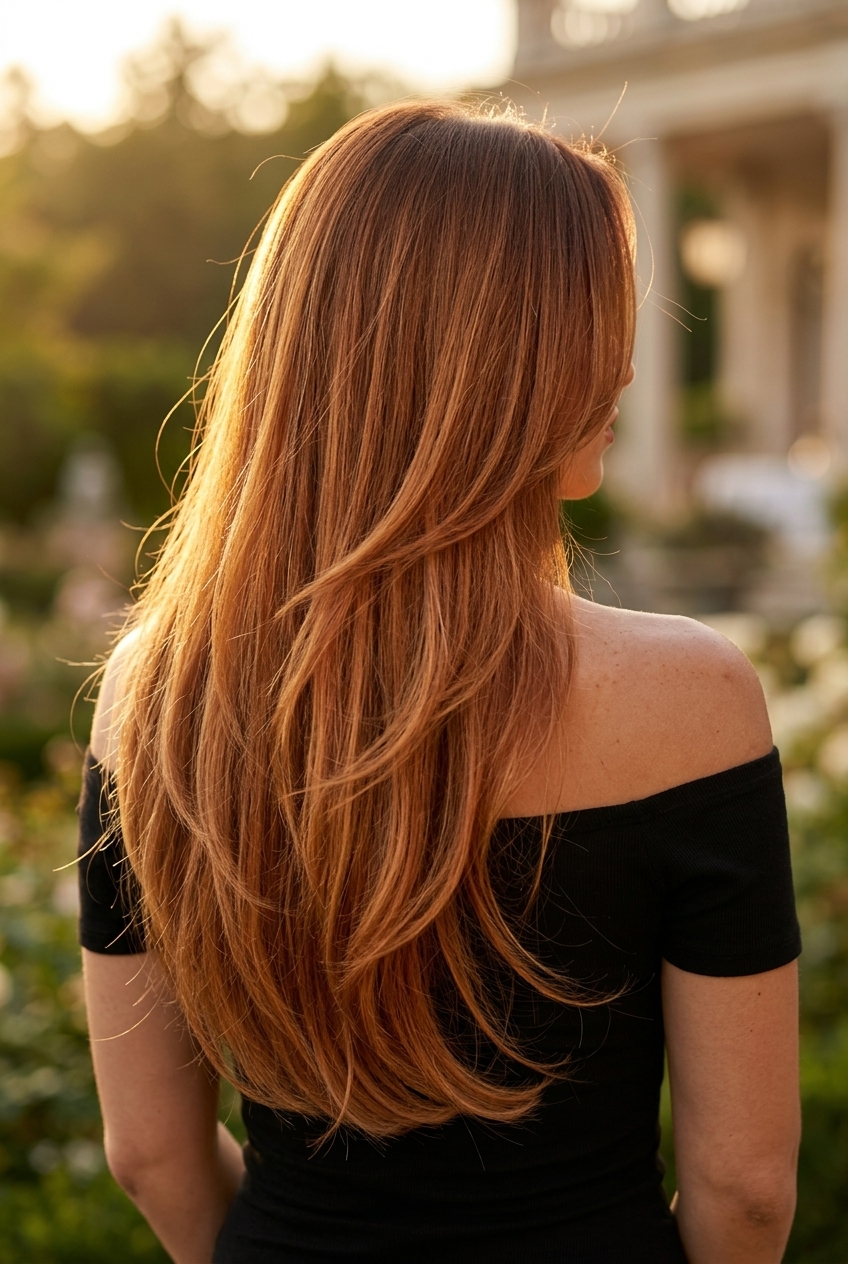 long Venetian gold layered haircut with copper undertones and natural root for glamorous events