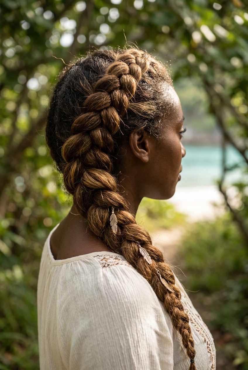 Boho Side Braid with Feathers 2026 medium-long warm brunette side braid with sun-kissed highlights, loose three-strand braid technique, face-framing tendrils — bohemian beach look