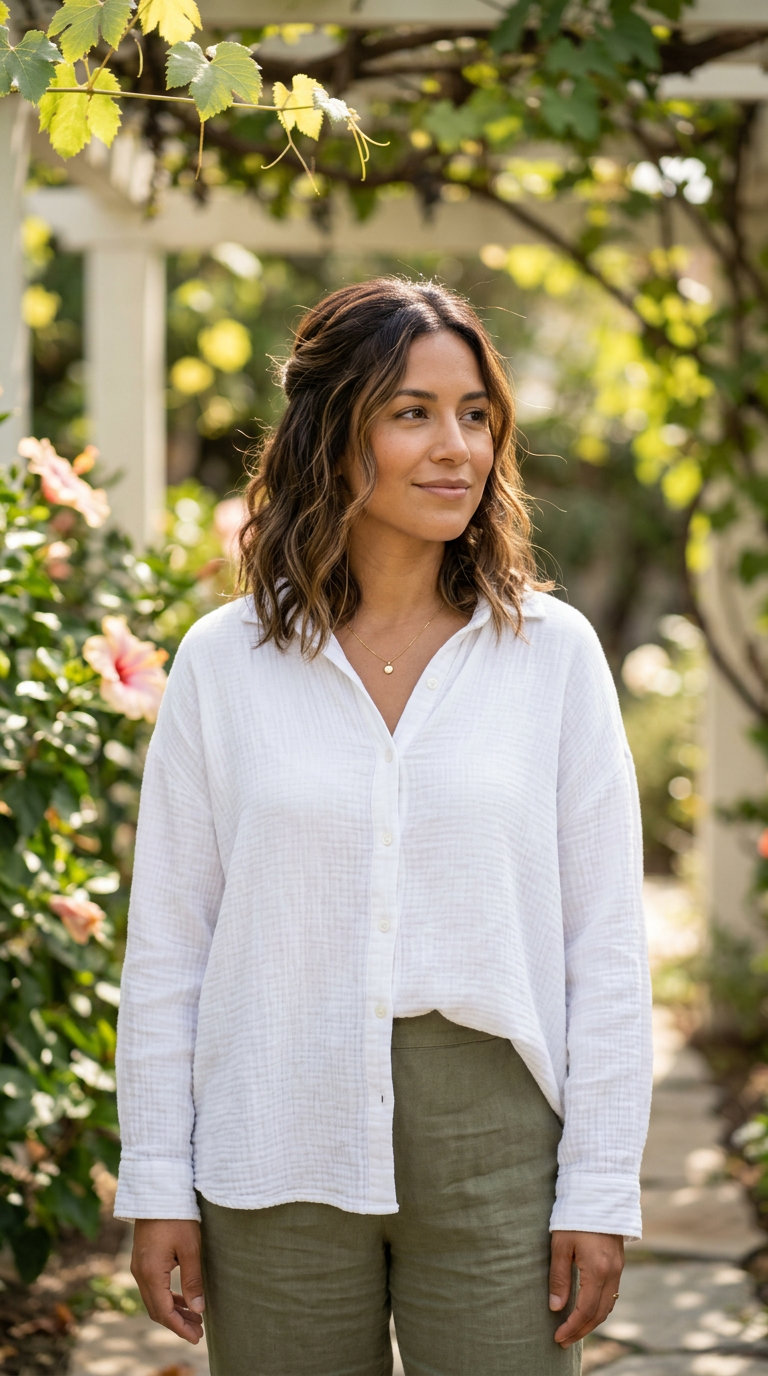 mid length layered half up half down with warm brunette, sun-kissed babylights, tousled texture — relaxed summer style