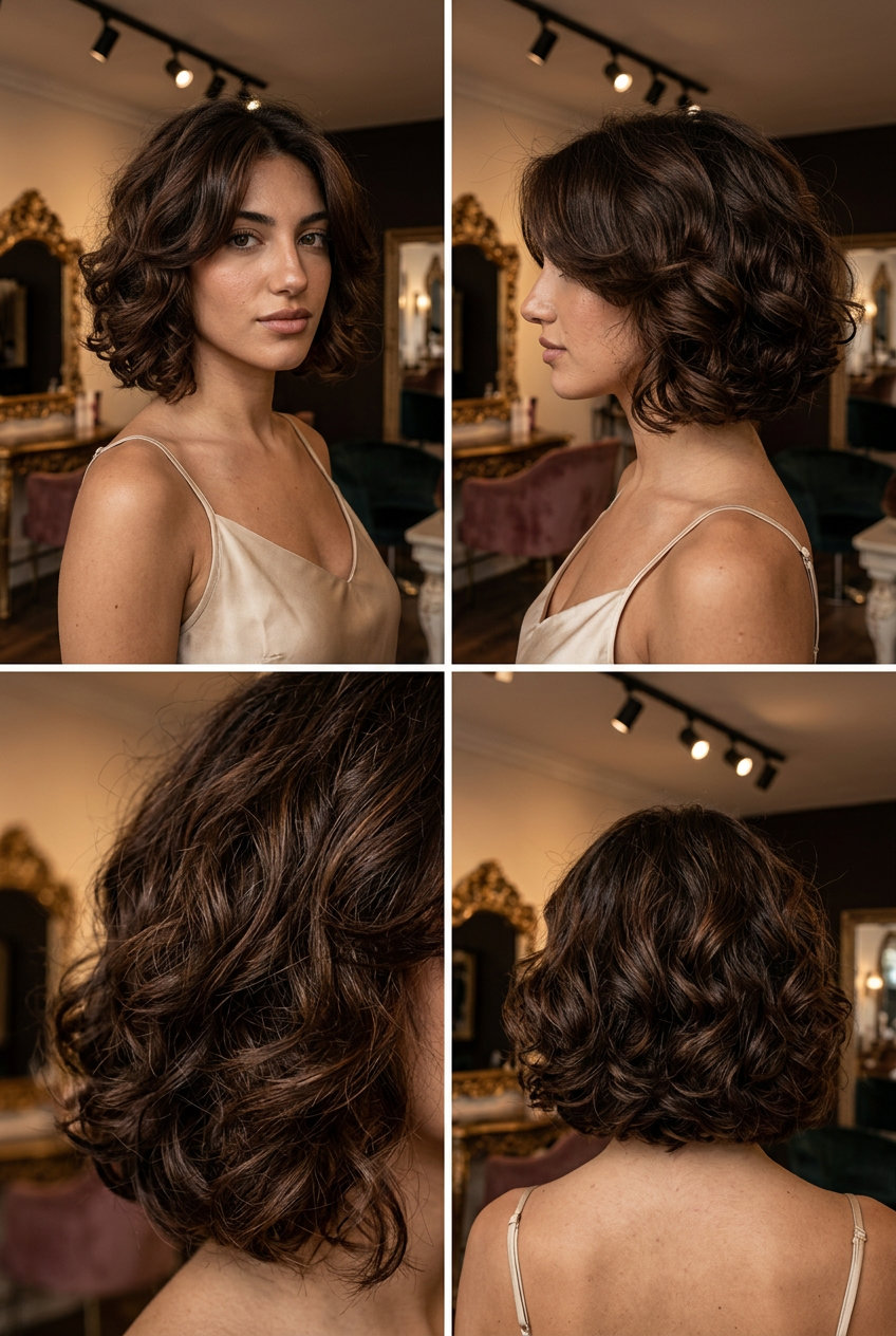 short french bob haircut in deep warm chocolate with mahogany lowlights, soft graduated layers, no fringe — luxurious wedding guest