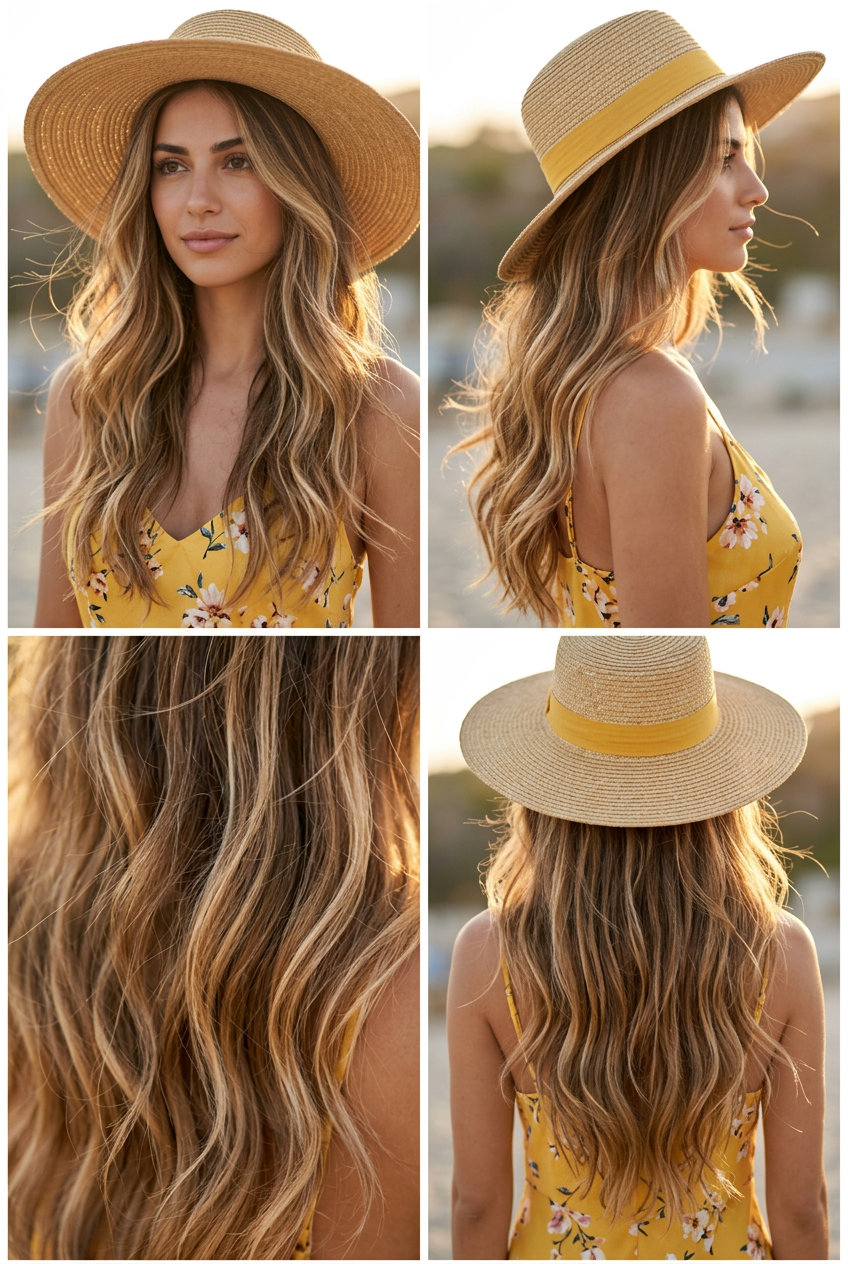 long layered haircut with warm honey balayage, face-framing layers, and U-shape back for summer