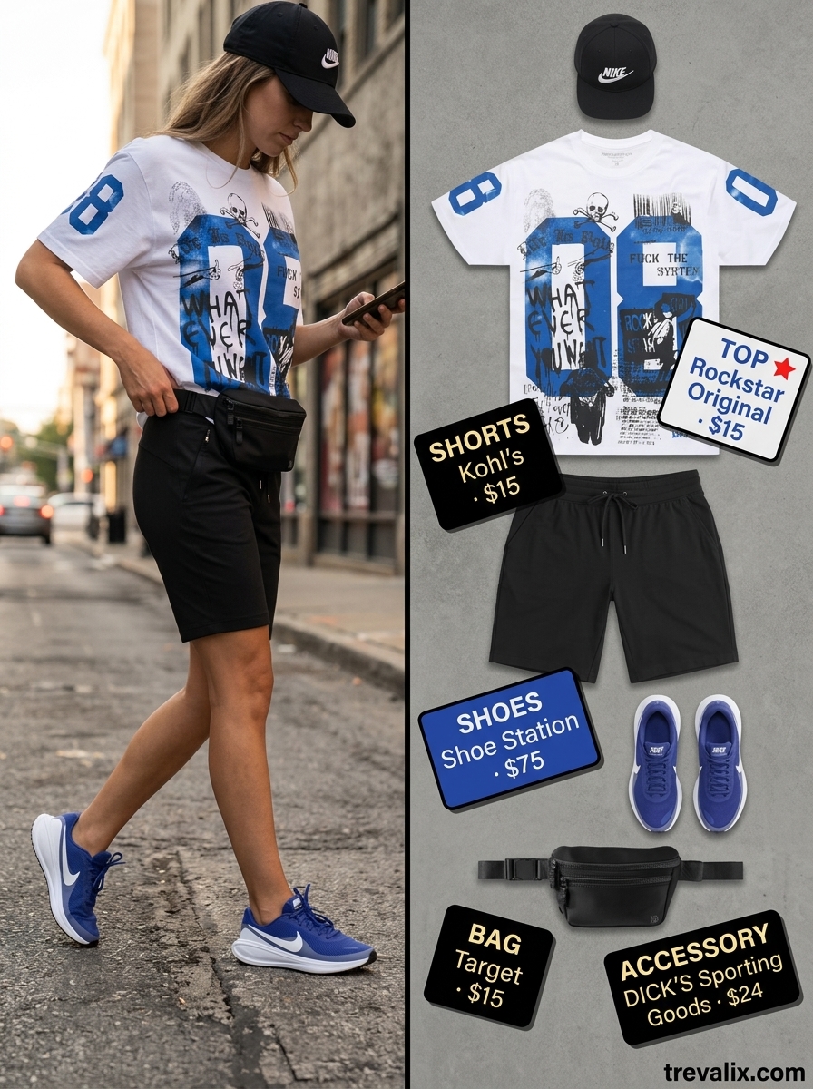 What to wear with Bermuda shorts summer 2026: Black athletic shorts, graphic tee, sneakers for active lifestyle.
