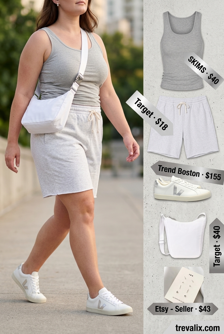 What to Wear with Bermuda Shorts Summer 2026: Grey knit shorts, matching tank, and sneakers for athleisure comfort.
