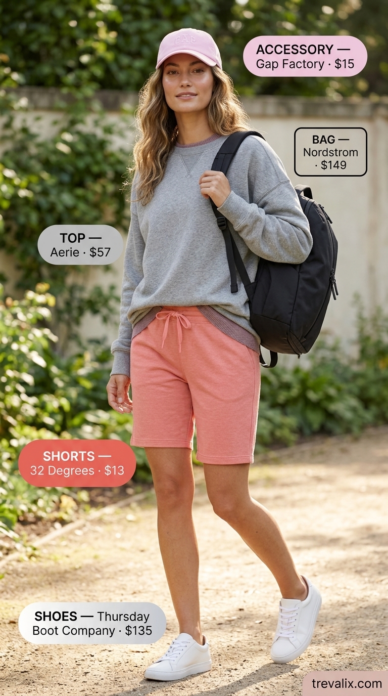 What to wear with Bermuda shorts summer 2026: Blush pink shorts, grey sweatshirt, sneakers for athleisure.