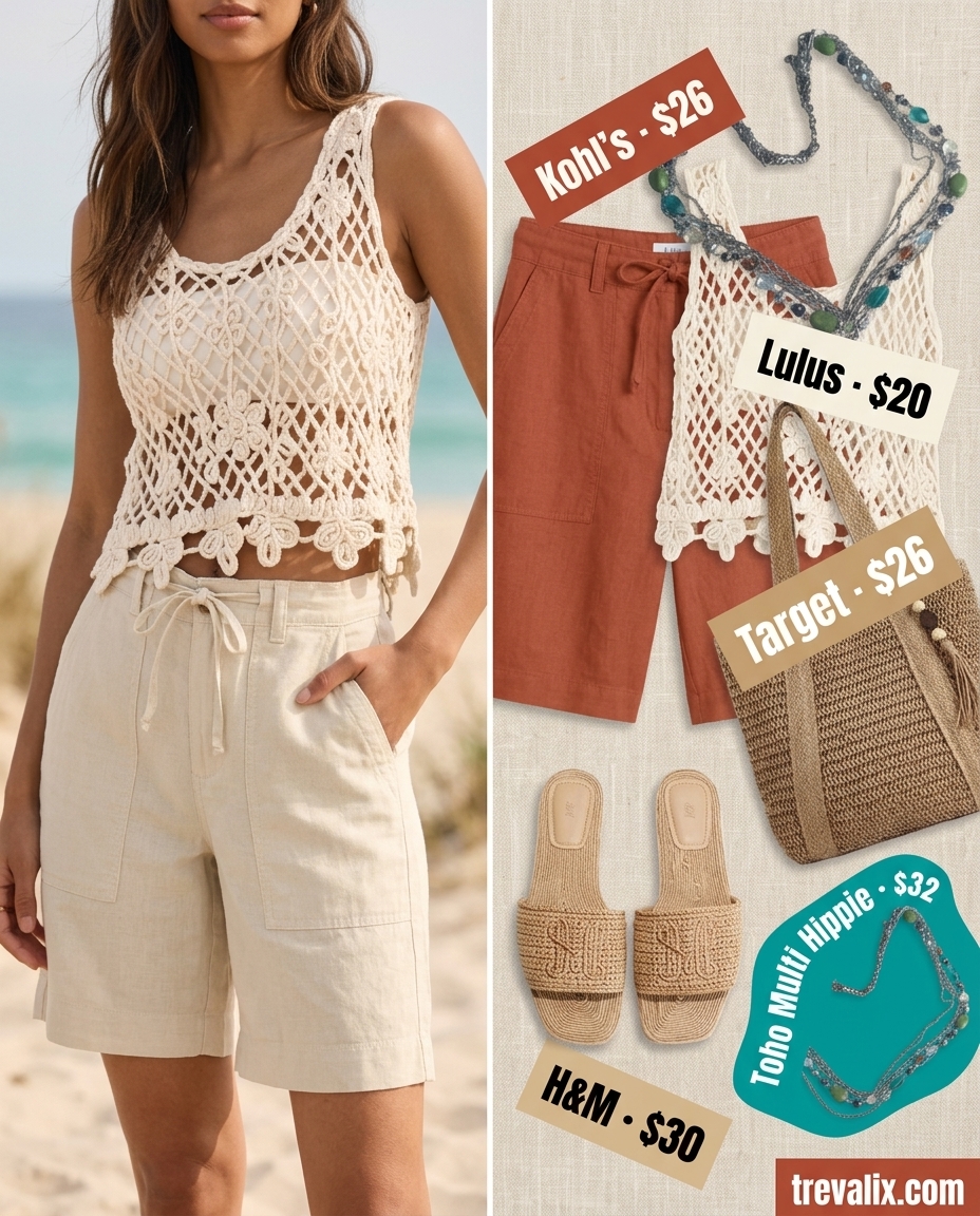 What to wear with Bermuda shorts summer 2026: Cream crochet top, beige linen shorts, espadrilles for beach day.