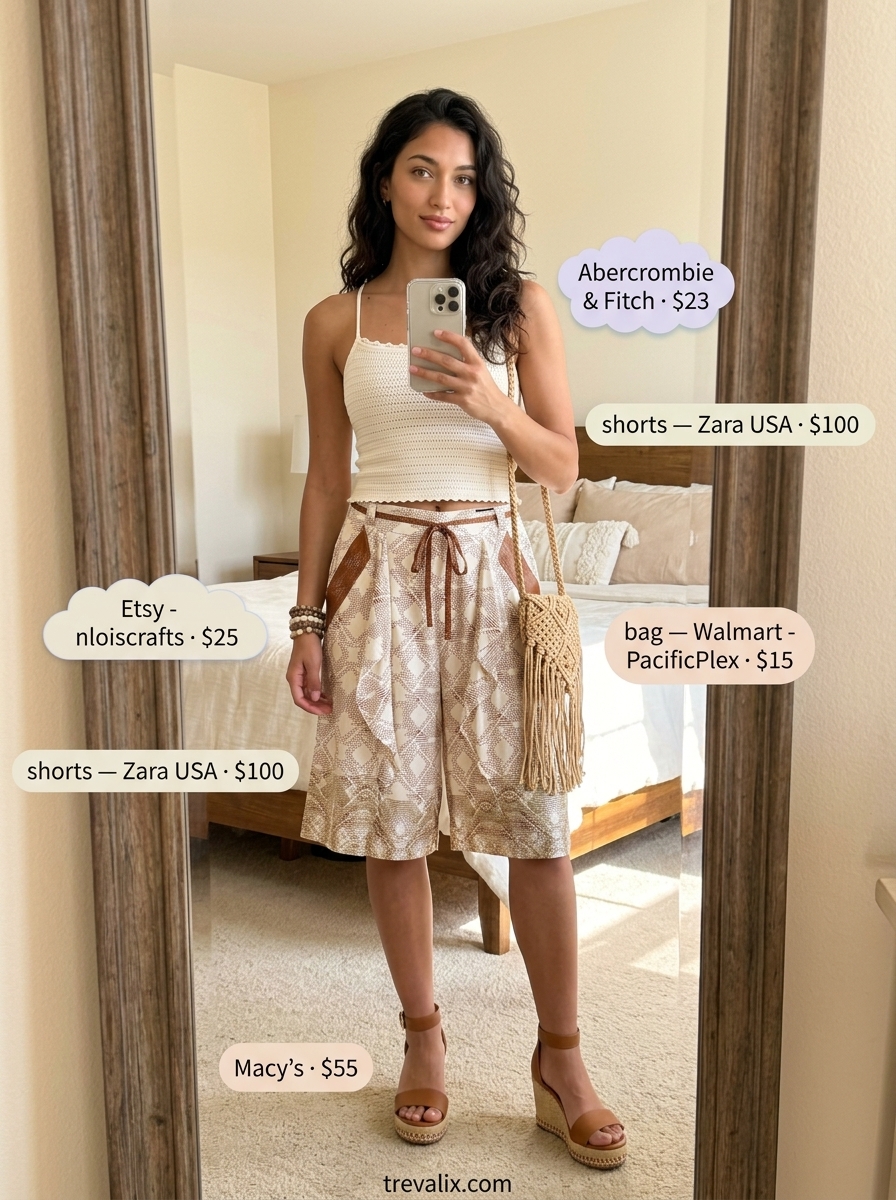 What to Wear with Bermuda Shorts Summer 2026: Cream crochet top, floral wide-leg shorts, and espadrilles for boho style.