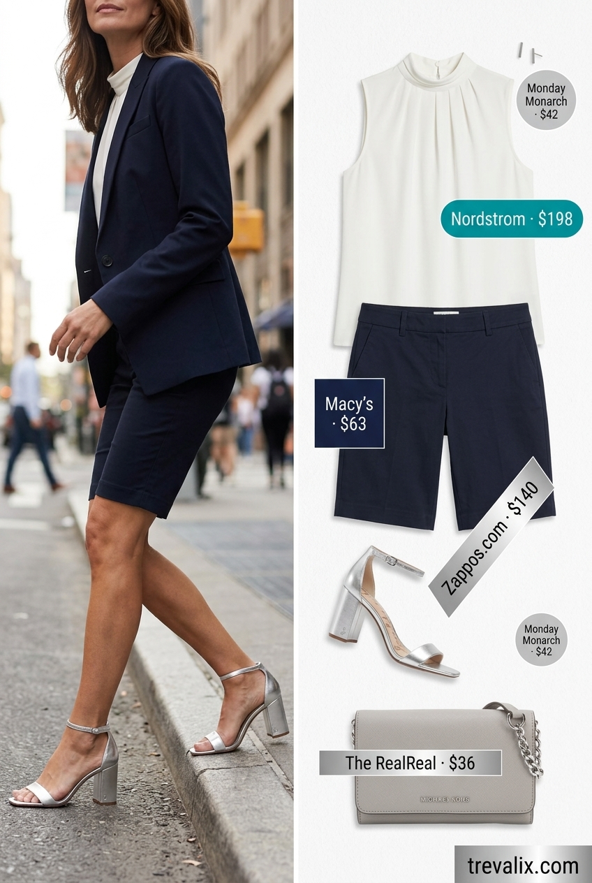 What to wear with Bermuda shorts summer 2026: Navy tailored shorts, ivory mock neck top, block heels for city chic.
