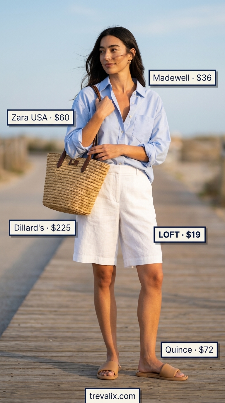 What to Wear with Bermuda Shorts Summer 2026: White linen shorts, sky blue shirt, and leather slides for coastal chic.