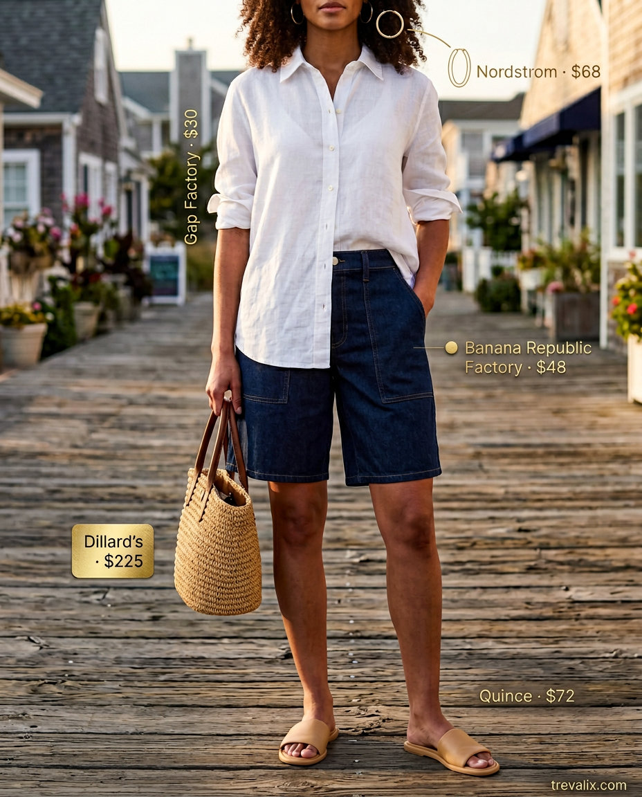 What to Wear with Bermuda Shorts Summer 2026: Denim shorts, oversized linen shirt, straw tote for coastal chic.