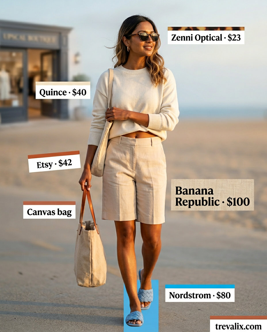 What to Wear with Bermuda Shorts Summer 2026: Linen shorts, knit sweater, tote bag for coastal comfort.