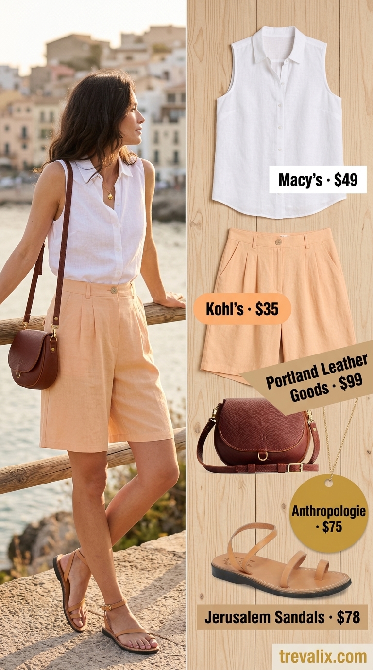 What to Wear with Bermuda Shorts Summer 2026: Coral linen shorts, white linen blouse, and leather sandals for resort wear.