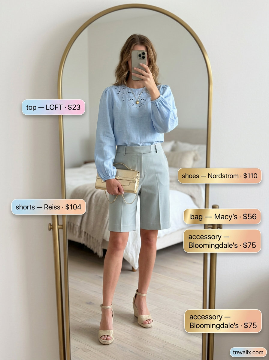 What to Wear with Bermuda Shorts Summer 2026: Pale blue shorts, embroidered blouse, espadrilles for garden party.