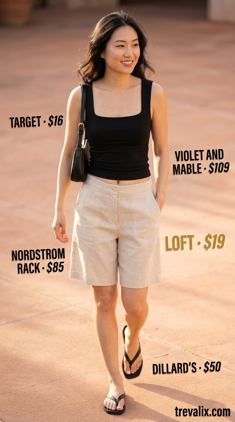 What to wear with Bermuda shorts summer 2026: Beige high-waisted shorts, black tank, leather sandals for minimalist chic.