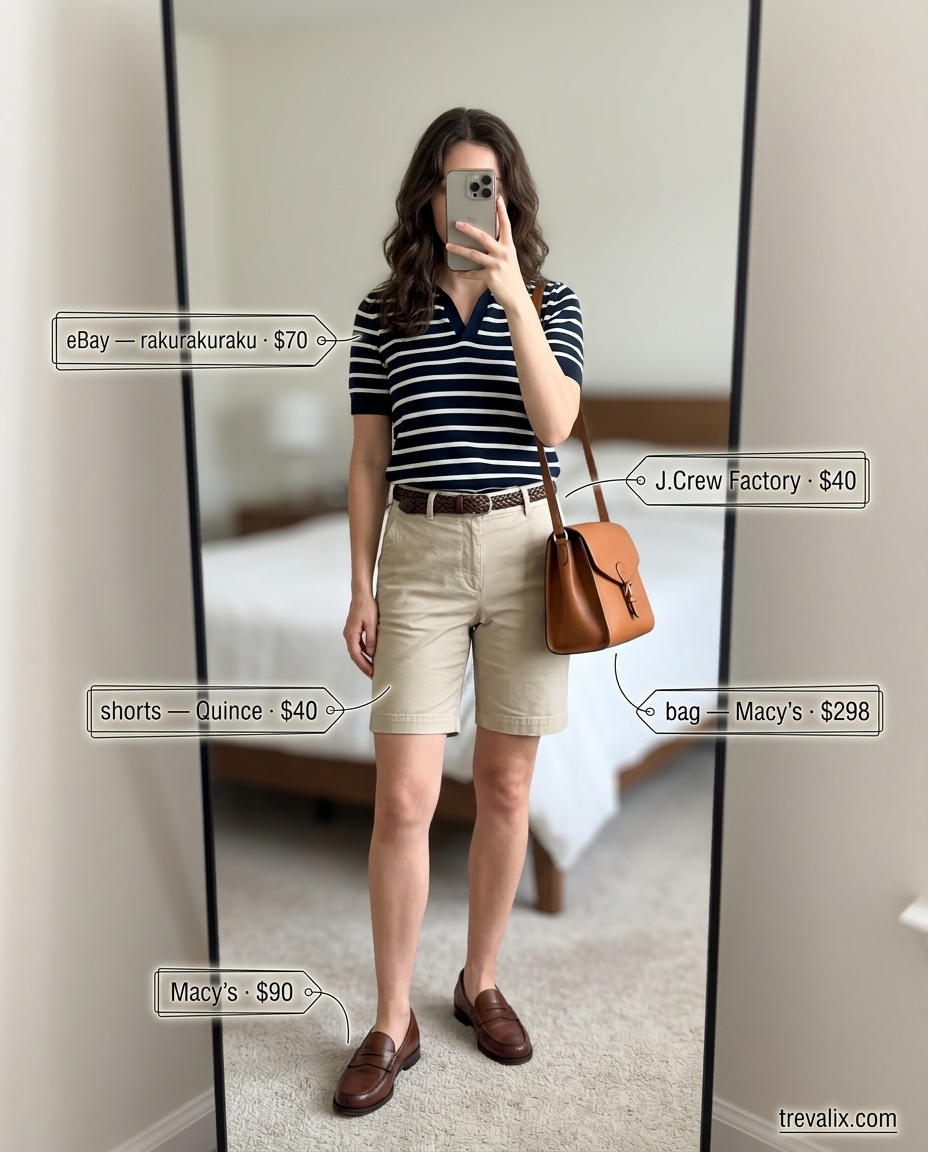What to wear with Bermuda shorts summer 2026: Beige chino shorts, striped polo, loafers for modern preppy style.