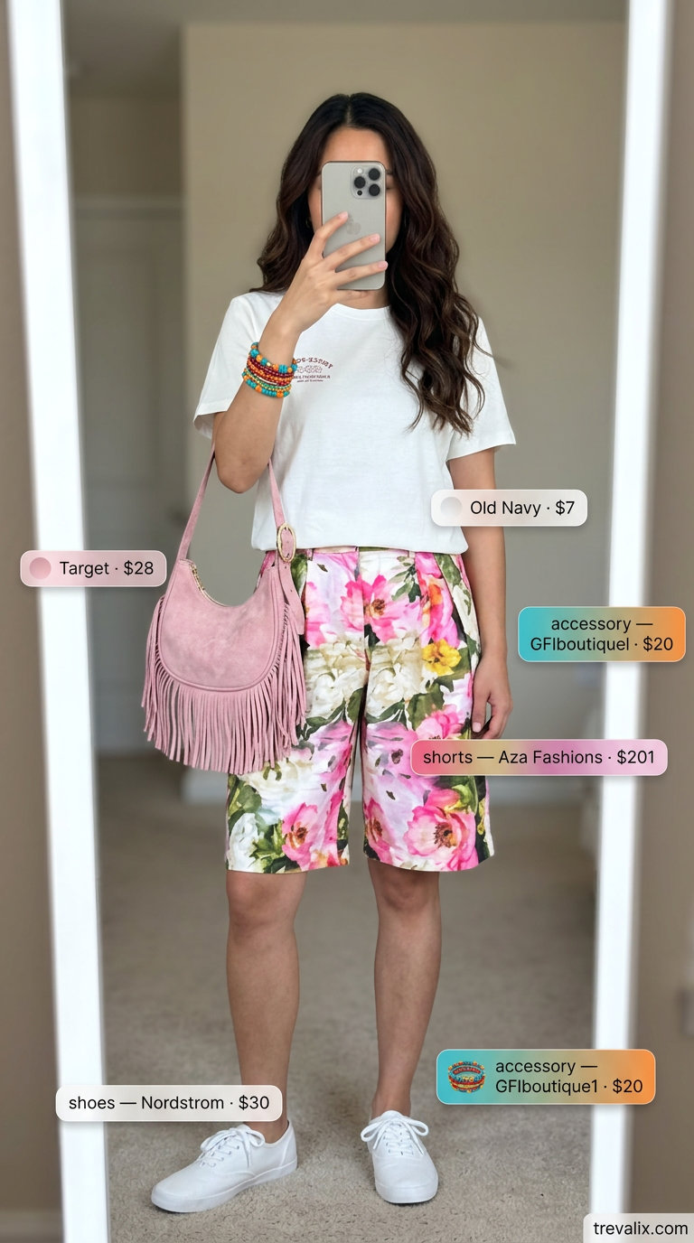 What to Wear with Bermuda Shorts Summer 2026: Floral print shorts, graphic tee, and sneakers for a summer festival.
