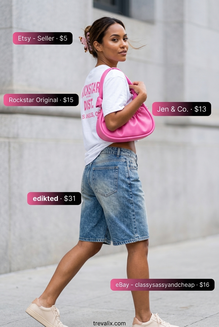 What to Wear with Bermuda Shorts Summer 2026: Denim shorts, graphic tee, platform sneakers for retro cool.