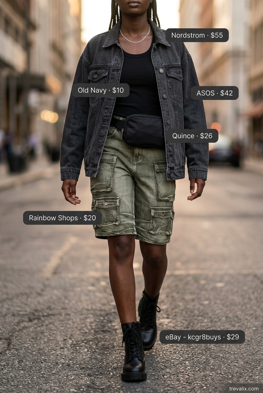 What to Wear with Bermuda Shorts Summer 2026: Olive cargo shorts, black denim jacket, and combat boots for urban exploration.