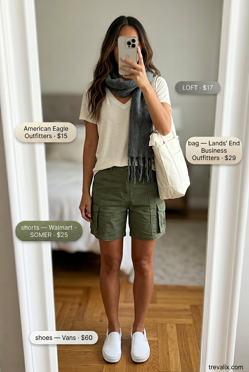 What to wear with Bermuda shorts summer 2026: Olive cargo shorts, cream tee, scarf for weekend travel.