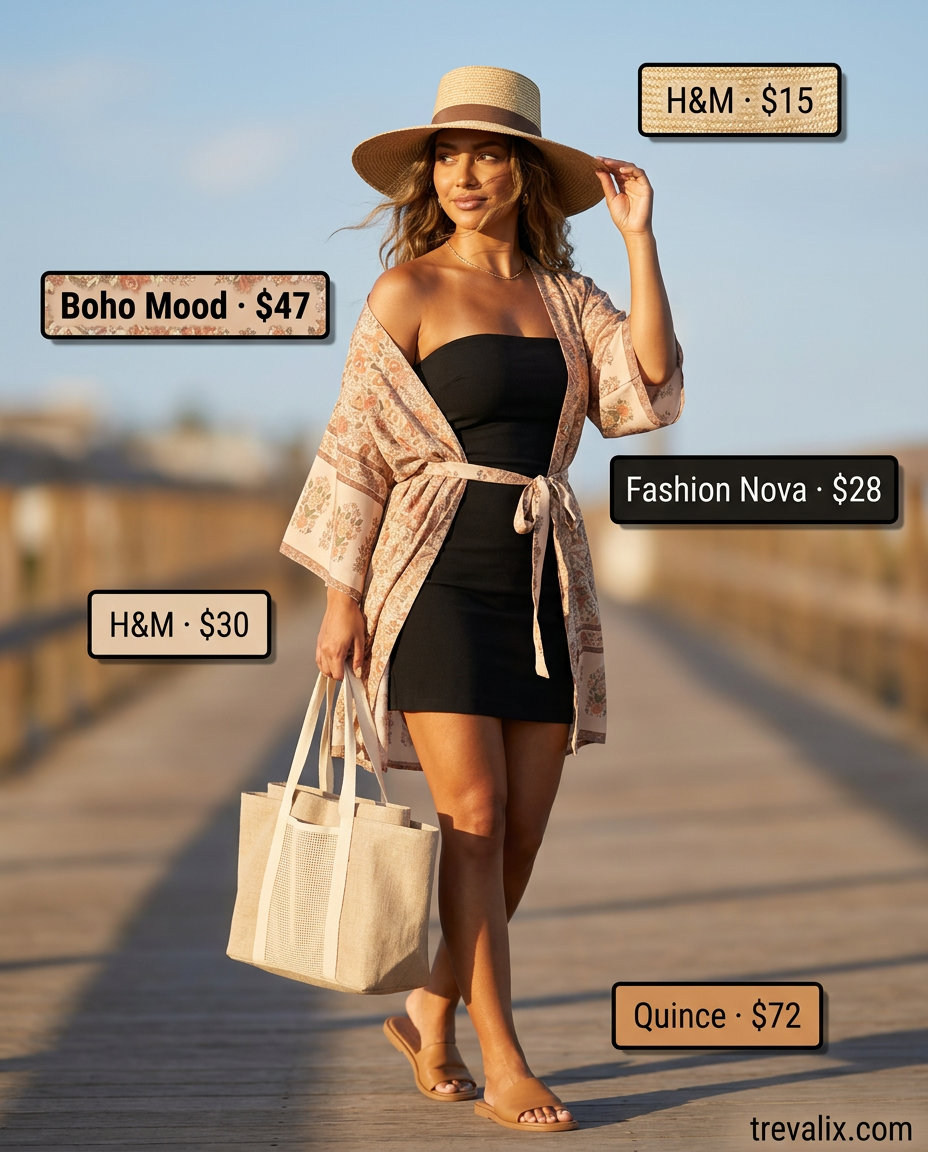 What to wear with bodycon dress summer 2026: Boho beach bodycon with sheer kimono, large tote and floppy hat.