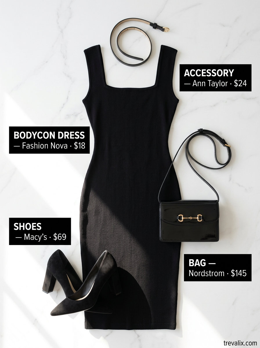 Charcoal grey bodycon dress with black pumps, blazer, and crossbody bag. What to wear with bodycon dress summer 2026.
