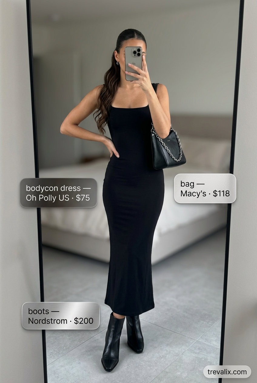 Chic utility bodycon dress outfit: navy bodycon, leather ankle boots, silver hoops. What to wear with bodycon dress summer 2026.